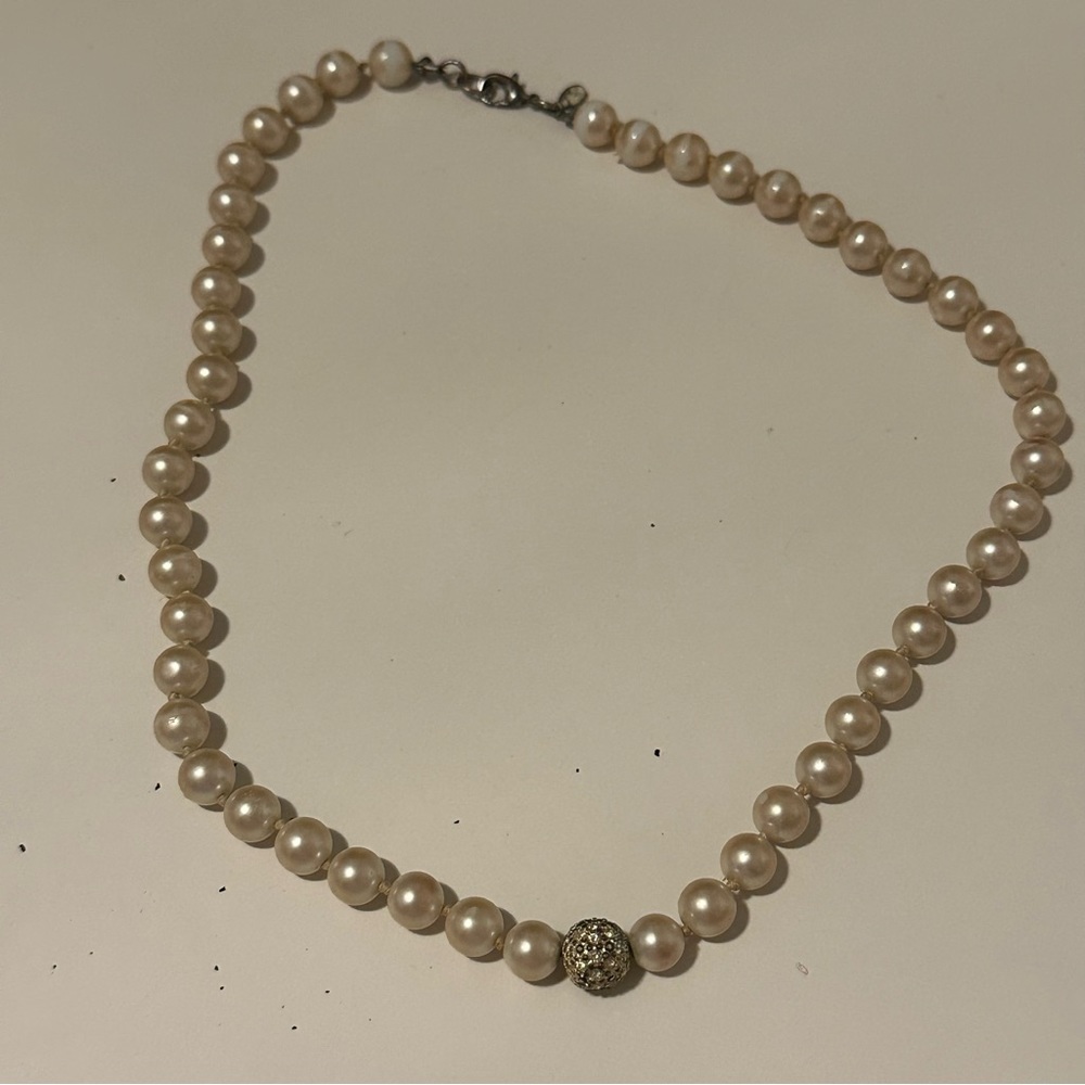 Signed RMN Faux Pearl Necklace Rhinestone Ball Pendant